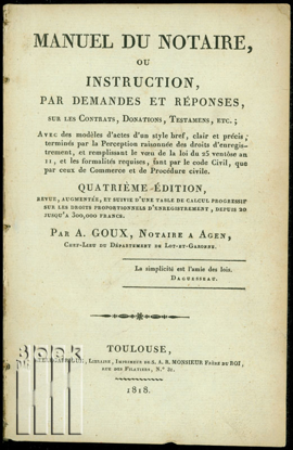 Picture of Manuel du Notaire, ou instructuion, par demandes et réponses, sur les contrats, donations, testamens, etc