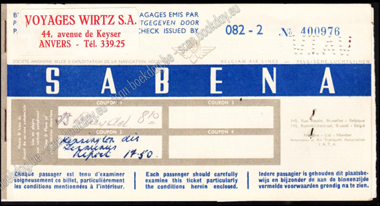 Afbeeldingen van Sabena Ticket 1951 in mica Sabena mapje