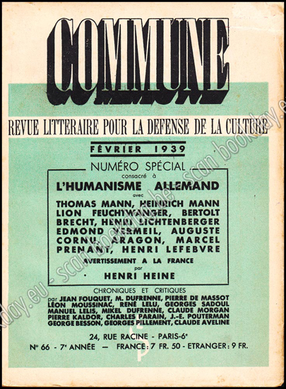 Image de Commune : revue littéraire pour la défense de la culture. Février 1939. Numéro spécial consacré à l'humanisme Allemand